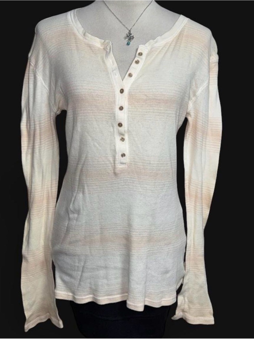 Old Navy Cream and Pale Pink Striped Henley Long Sleeve Top